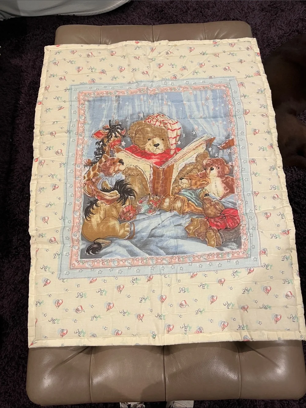once upon a Time Teddy Bear Story Quilted Baby Blanket - Cream, Blue, Red